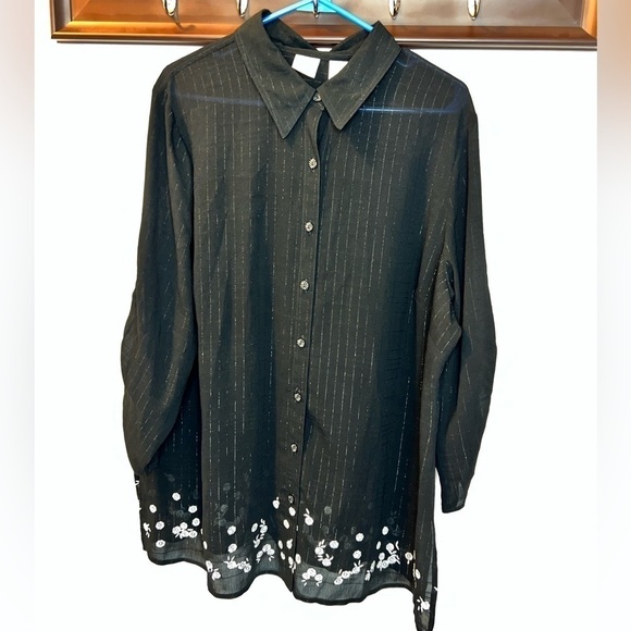 Emma James Black with White Flowers Transparent Button Down Blouse Size 20W - Picture 1 of 7